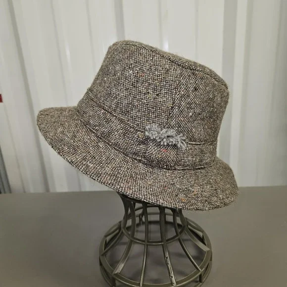 VTG Hanna Hats Hat‎ Cloche Fitted Unisex SZ S Brown Wool Tweed Donegal Ireland